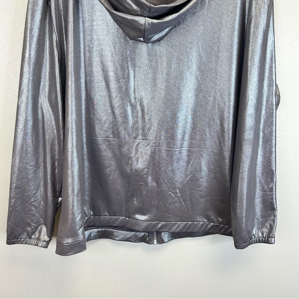 Metallic Gray Hooded Bomber Jacket XL 2X Futuristic Festival Pockets Coachella - Picture 13 of 14